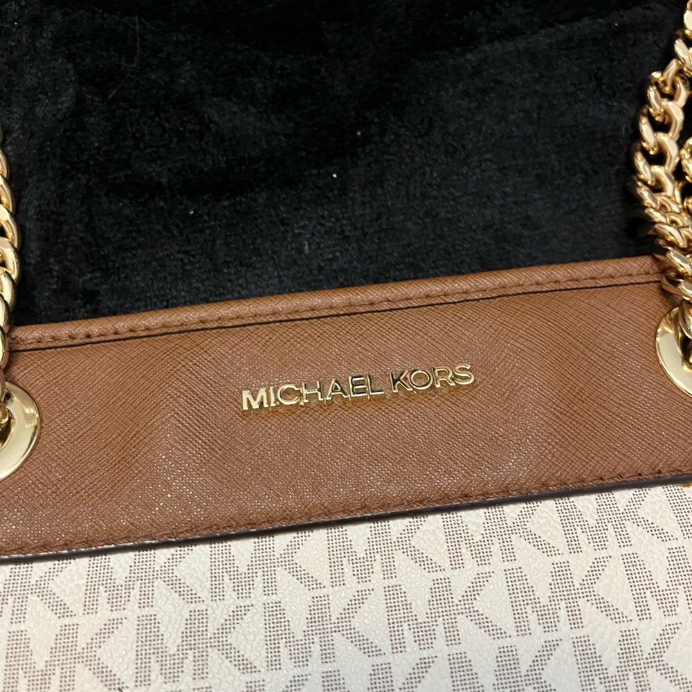 Michael Kors Brown and Cream Shoulder Bag with Gold Chain